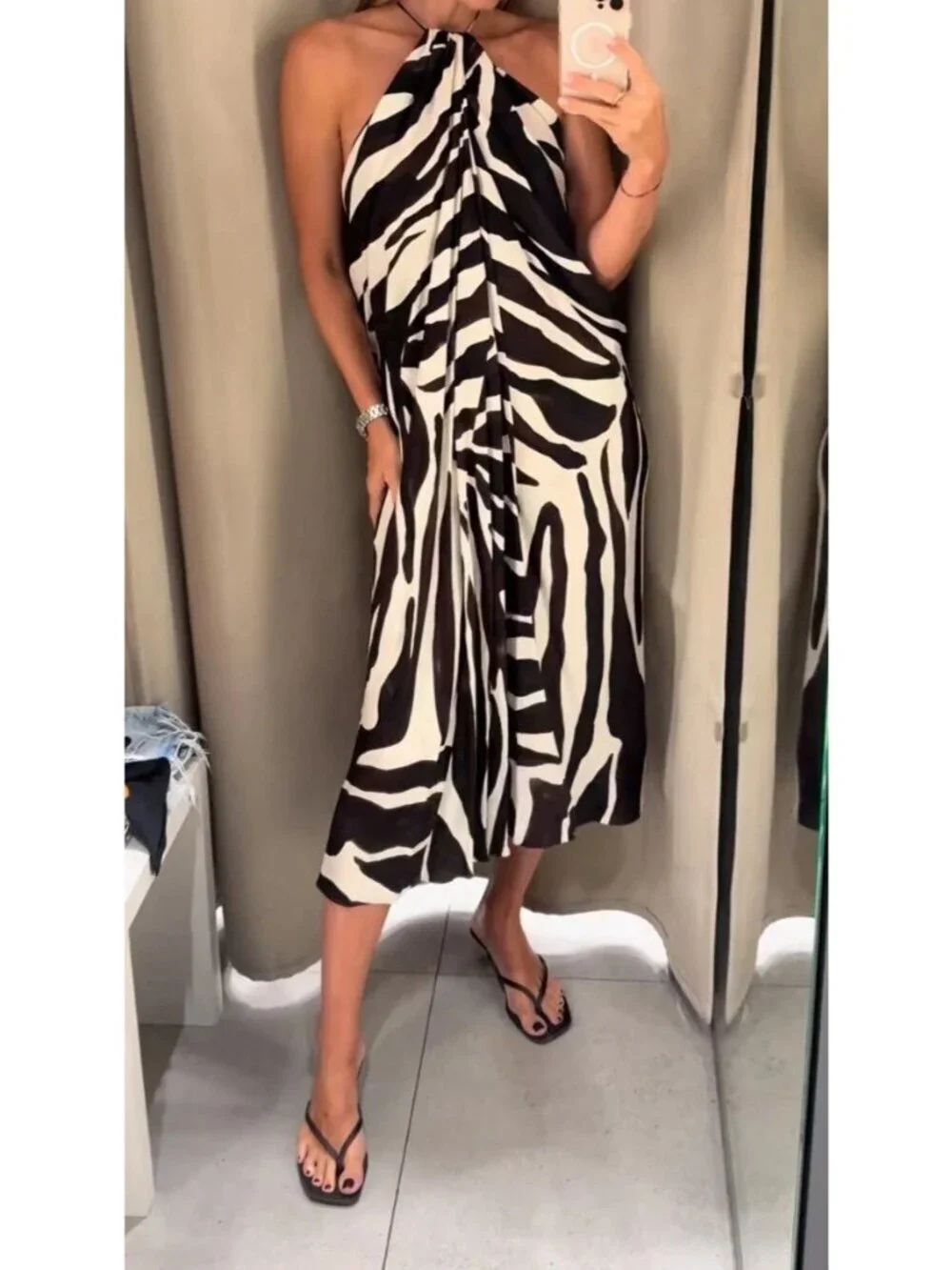 Zara ZW Womens Halter Midi Dress XL Ecru Black Zebra Animal Print 8405/052 NWT